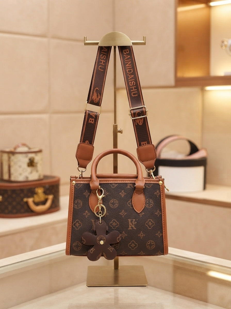 Structured monogram tote bag with brown handles, crossbody strap, and flower charm